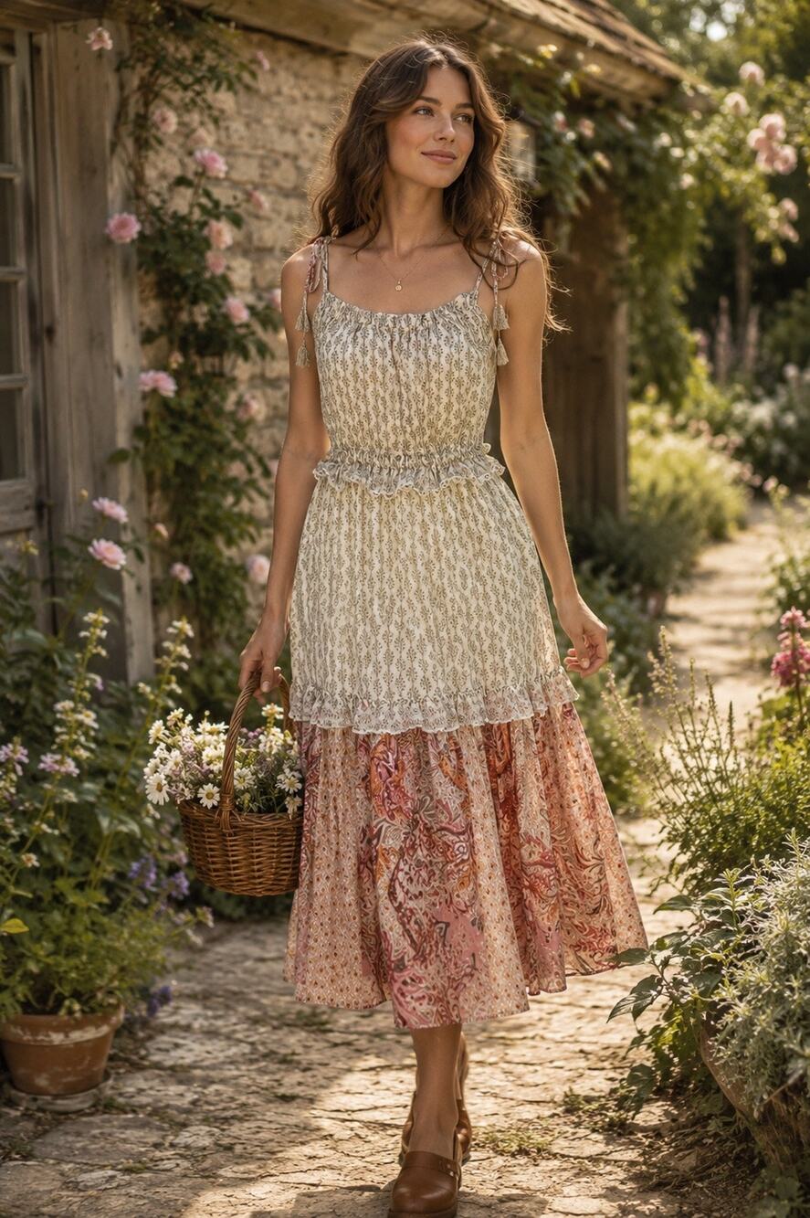 Misa Dionica Floral Paisley Midi Dress Cottagecore Boho Romantic Size Small